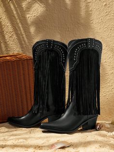 Fashionable Black Pointed Toe Chunky Heel Fringe & Rivet Decor Mid-Calf Western Boots For Date, Party, Events For Christmas And New Year Holiday Black         Women Shoes, size features are:Bust: ,Length: ,Sleeve Length: Black Cowgirl Boots, Western Boots Women, Party Events, Vintage Punk, Western Cowboy Boots, Lace Ruffle, Outdoor Shoes, Mid Calf Boots, Outdoor Woman