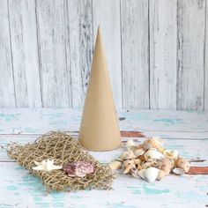 a cone shaped vase next to sea shells on a table