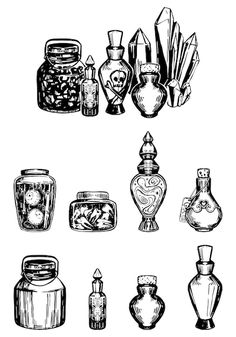 an ink drawing of different types of perfume bottles and jars, vintage line art or engraving style