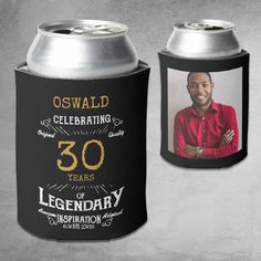 a can cooler with an image of a man on it