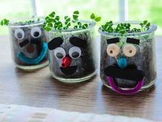 three glass vases with plants in them and faces painted to look like people's heads