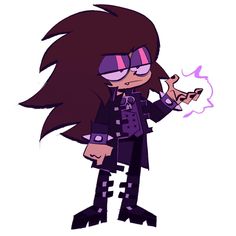 an image of a cartoon character with long hair and purple glasses holding a cell phone