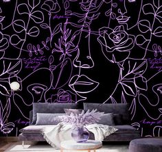 a living room filled with furniture and wallpaper covered in purple flowers on a black background