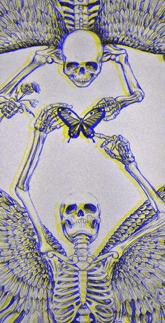 a drawing of two skeletons with wings