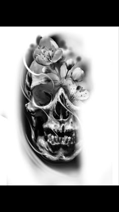 a black and white photo of a skull with flowers on it's head,