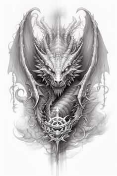 a drawing of a dragon with large wings