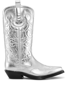 silver-tone calf leather metallic sheen embroidered motif slip-on style double pull-tab at the opening mid-calf length pointed toe branded leather insole Cuban heel Boots Png, Sparkly Boots, Western Shoes, Silver Boots, Leather Western Boots, Western Boots Women, Embroidered Leather, Shoulder Backpack, Western Leather