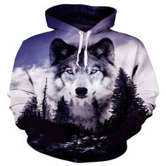 an image of a wolf with trees on it's hoodie, all over