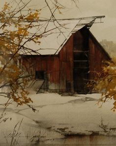 a painting of a red barn in the snow