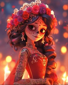 a woman with flowers in her hair wearing a red dress and day of the dead makeup