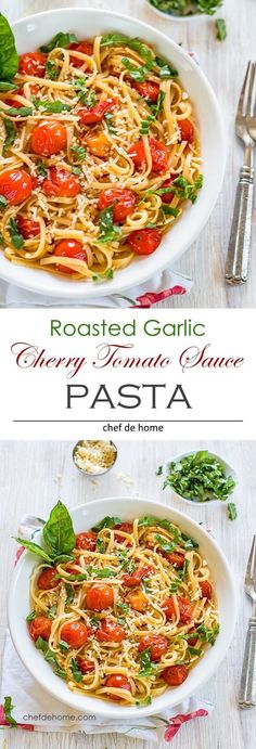 roasted garlic cherry tomato sauce pasta in a white bowl with basil and tomatoes on the side