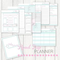 the printable planner is shown on top of a wooden table with pink and blue accents