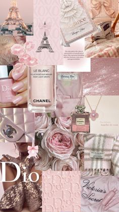 the collage shows many different items in pink and white colors, including perfume bottles