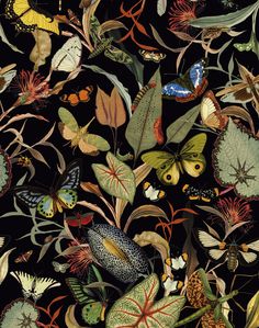 a black background with lots of different colored butterflies and leaves on it's surface