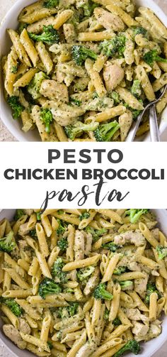 chicken broccoli pasta with pesto in a white bowl and on the side