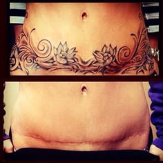 a woman's stomach with tattoos on it and the bottom part of her stomach