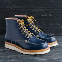 "#SamuraiMocToe - 6-inch Classic Moc Men's Boot in Indigo Blue Leather. Heritage Style Handmade Boots with Classic Moc stitching and Traction Tred outsole.  Custom Made boots for denimheads. These Classic Moc Toe Boots will be perfect for your Daily Rugged Style. Upper material: Full grain, Crust leather. Lining material: Genuine leather. Insole: Damping Latex + Genuine Leather. Midsole: Vegetable-tanned leather. Outsole: Vibram® Morflex. Season: spring-summer-autumn-winter. Available Sizes: 37-47  Please pay attention to the shoes sizes and maximum length of the foot. Sizes: (Insole Length) US(size) Joint/Ball Girth 37 (24,4cm) US(6-6.5) Joint/Ball Girth = (23,9cm) 38 (25,0cm) US(7) Joint/Ball Girth = (24,3cm) 39 (25,6cm) US(7.5) Joint/Ball Girth = (24,7cm) 40 (26,2cm) US(8) Joint/Ball Gi Handmade Boots, Moc Toe Boots, Kyiv Ukraine, Matt Brown, Handmade Boot, Pink Boots, 1 Rose, Shoe Last