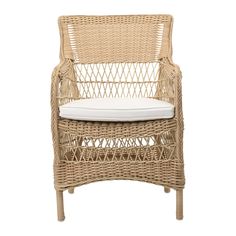 a wicker chair with white cushion