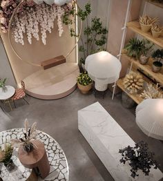 an overhead view of a living room filled with furniture and flowers in vases on shelves