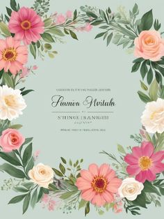 an elegant floral wedding card with pink, white and yellow flowers on a blue background