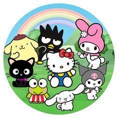 a group of cartoon characters standing in front of a rainbow