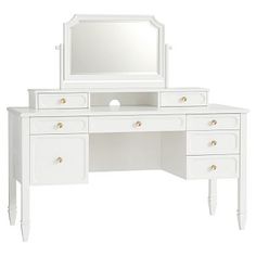 a white desk with a mirror and drawers on it's sides, in front of a white background