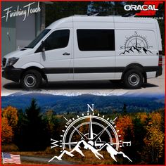 a van parked in front of a mountain with an compass on it's side