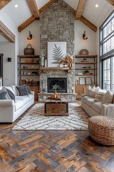 a living room filled with lots of furniture and a fire place in the middle of it