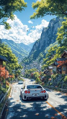 a white car driving down a street next to a lush green hillside covered in trees