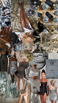 the collage shows many different types of clothing and accessories, including heels, dresses, shoes