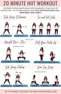 a woman doing yoga poses with the words 20 minute hit workout