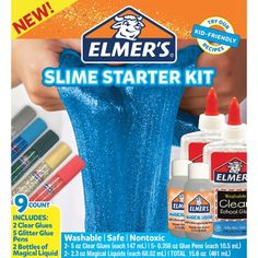 an advertisement for elmer's slime starter kit, including glue and paint