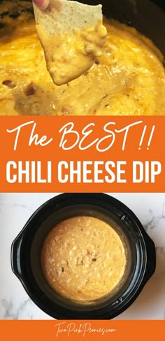 text that says the best chili cheese dip above and below are images of the cheese dip Tostito Chip Dip Recipes, Chilli Cheese Dip Hormel, Cheese Dip For Tortilla Chips, Chili Dip With Cream Cheese Crock Pot, Hormel Chili Cheese Dip Crockpot, Chilli Con Queso Dip, Best Hot Dip Recipes, Chilli Cheese Dip Crockpot, Crock Pot Chip Dip