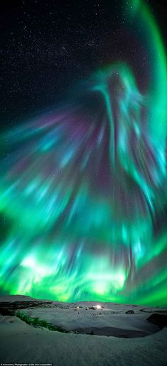 an aurora bore is seen in the night sky above snow covered ground and green and purple lights