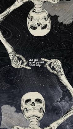 two skeletons are shown in the sky with stars and clouds behind them, one skeleton is pointing