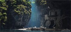 an old building in the middle of a river surrounded by mountains and trees with birds flying around