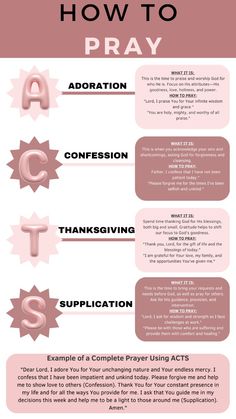 an info sheet with the words how to pray in pink and white letters on it