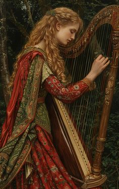 a painting of a woman playing a harp