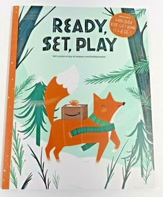 a book with an image of a fox carrying a box in the woods, ready, set, play