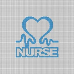 a cross stitch pattern with the words nurse and a heart in blue on a gray background