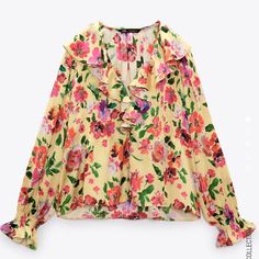 -Super Cute And Vibrant Floral Print Blouse With Ruffle V Neck And Button Detail -Size S, Measure 16.5in Across The Shoulder And 22in In Length -10/10 Condition, New With Tags Zara Multicolor Floral Print Blouse, Zara Feminine Multicolor Tops, Yellow V-neck Ruffle Blouse, Zara Ruffled Blouse For Brunch, Zara Casual Top With Ruffled Collar, Yellow Long Sleeve Blouse With Ruffles, Yellow Ruffled Long Sleeve Blouse, Elegant Multicolor Top With Ruffles, Elegant Multicolor Tops With Ruffles