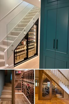 there are several pictures of wine cellars in the house and below them is a staircase with glass doors