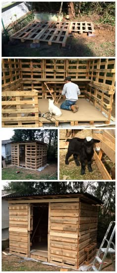 several pictures of different types of wooden pallets in the process of being built and put together