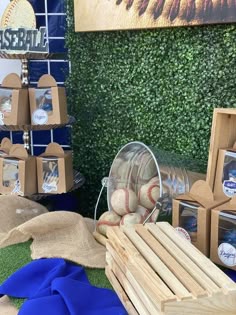 there is a display with baseballs and other items on the grass area in front of it