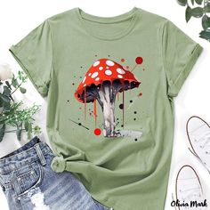 Olivia Mark - Womens Plus Size Mushroom Print Casual T-shirt: Short Sleeve Round Neck Tee Professional Plus Size, Mushroom Print, Plants Green, Plus Size Tees, Round Neck Tees, Casual T Shirt, Plus Size Casual, Olivia Mark, Casual T Shirts