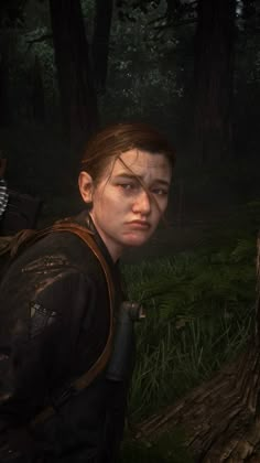 the last of us's character is standing in front of a forest with trees