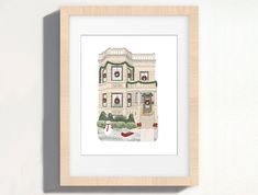 a painting of a house with christmas decorations on it