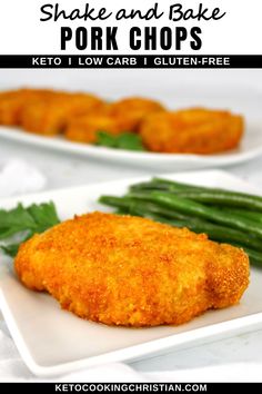 two plates filled with fried pork chops and green beans