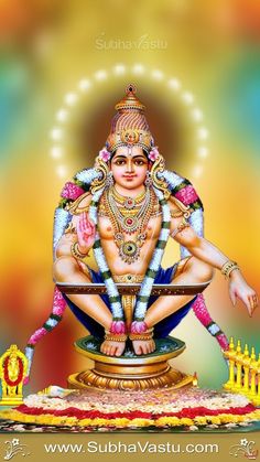 the god is sitting on top of a small statue in front of a colorful background