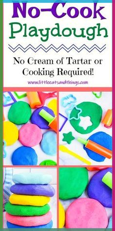 no - cook playdough recipe for kids to make with colored clay and baking utensils